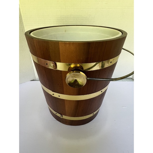 Ice Bucket Walnut Wood Vermillion Brass Vintage‎ liner bucket  MCM - Picture 10 of 12